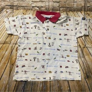 Vintage Le Top White Red Dog Fish Gone Fishing Polo Shirt